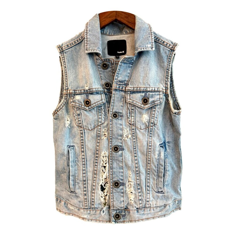 Vintage Y2K Hurley Distressed Denim Vest Light Wash Button Front Pockets XS